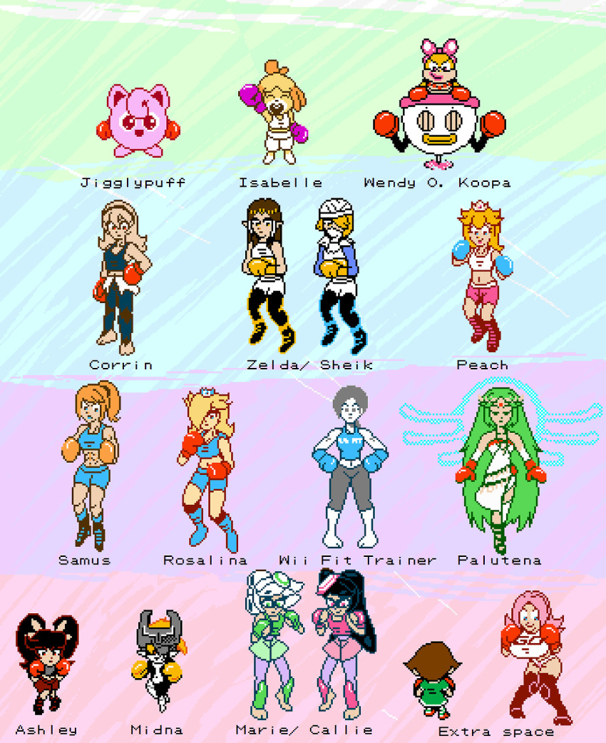 16girls animal_crossing aori_(splatoon) ashley_(warioware) boxing boxing_gloves callie_(splatoon) crossover doubutsu_no_mori female female_focus female_my_unit_(fire_emblem_if) female_only fire_emblem fire_emblem_if hotaru_(splatoon) isabelle_(animal_crossing) jigglypuff kamui_(fire_emblem) kid_icarus kid_icarus_uprising marie_(splatoon) mario_(series) metroid midna multiple_girls my_unit_(fire_emblem_if) nettopainter nintendo ocarina_of_time original_character palutena parody pixel_(artwork) pixel_art pok&amp;eacute;mon pokemon pokemon_(creature) pokemon_(game) pokemon_rgby princess_peach princess_rosalina princess_zelda punch-out!! samus_aran sheik shizue_(doubutsu_no_mori) splatoon splatoon_(series) splatoon_1 super_mario_bros. super_mario_galaxy super_smash_bros. the_legend_of_zelda the_legend_of_zelda:_ocarina_of_time the_legend_of_zelda:_twilight_princess twilight_princess villager_(animal_crossing) villager_(doubutsu_no_mori) warioware wendy_o_koopa wii_fit wii_fit_trainer