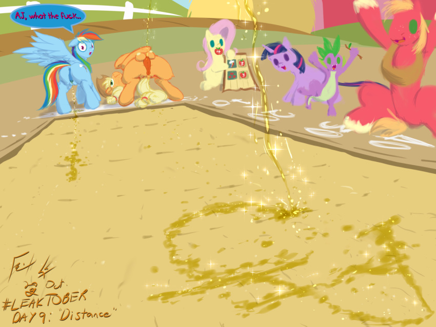 4:3 applejack_(mlp) backbend big_macintosh_(mlp) bodily_fluids clirotal_wink clitoris dripping fluttershy_(mlp) friendship_is_magic frist44 genital_fluids iron_pony_competition my_little_pony peeing piss_writing pissing_match pussy rainbow_dash_(mlp) showoff smug spike_(disambiguation) tablejack twilight_sparkle_(mlp) urine