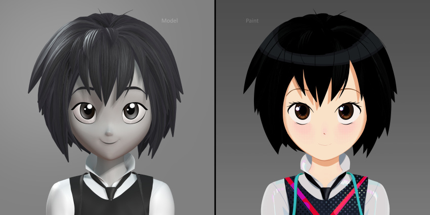 1girl 3d 3d_(artwork) before_and_after behind_the_scenes black_and_white black_hair blush brown_hair character_design cute eyebrows eyelashes female female_focus hair highres japanese marvel official_art peni_parker school_uniform side-by-side smile solo solo_focus spider-man:_into_the_spider-verse spider-man_(series)