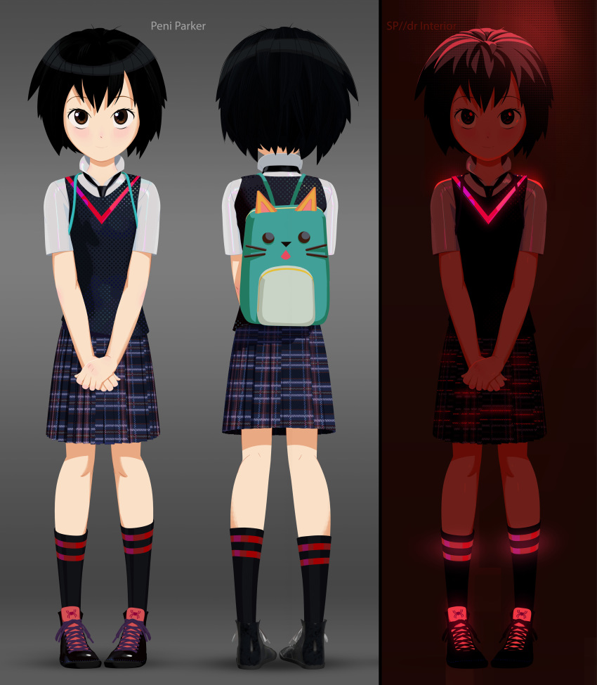 1girl backpack black_hair blush brown_eyes character_design clasped_hands cute dark_lighting eyebrows eyelashes female female_focus glow_in_the_dark glowing_clothing hair highres japanese marvel official_art peni_parker school_uniform shoes skirt smile socks solo solo_focus spider-man:_into_the_spider-verse spider-man_(series) text turnaround