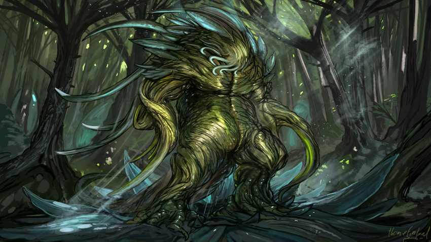 16:9 2019 ambiguous_gender anthro day detailed_background digital_media_(artwork) flora_fauna forest hi_res monster outside plant solo standing themefinland tree