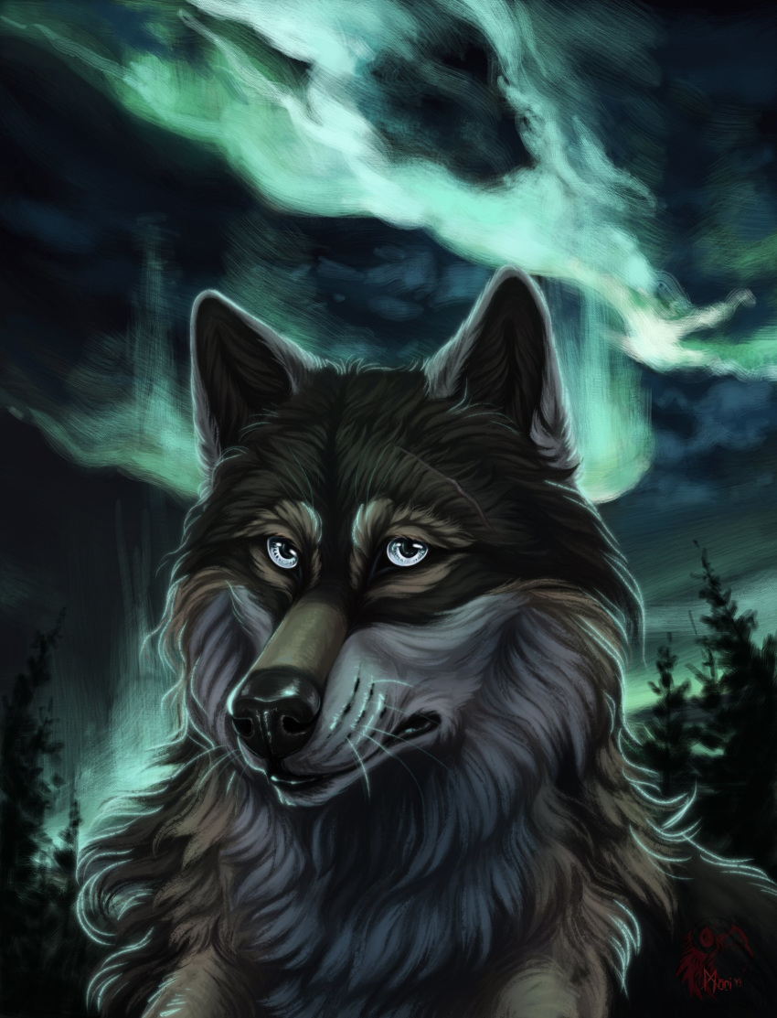 2019 aurora_borealis blue_eyes canid canine canis digital_media_(artwork) feral hi_res male mammal morihound rakan scar wolf