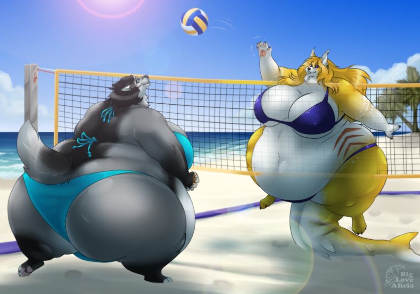 2017 4_toes alicia_(biglovealicia) anthro beach belly big_belly big_breasts big_butt biglovealicia bikini black_body black_fur black_hair black_lips black_nose blonde_hair blue_eyes bottomwear breasts butt canid canine canis clothed clothing cloud curves digital_media_(artwork) duo female fingers fish fox fur hair huge_breasts huge_butt hybrid hyper hyper_belly hyper_butt jumping lips mammal marine obese obese_female outside overweight overweight_female palm_tree partially_clothed pawpads pink_pawpads purple_eyes sand sea seaside shark sport standing sun swimwear thick_thighs toes topwear tree volleyball water white_body white_fur wide_hips wolf yellow_body yellow_fur