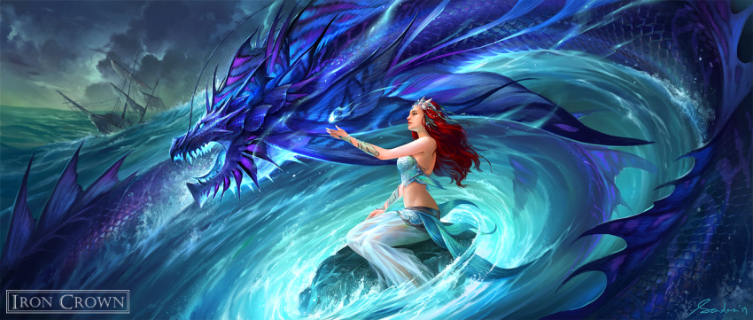 2019 5_fingers blue_body blue_eyes blue_scales blue_tongue clothed clothing digital_media_(artwork) female fingers hair human mammal open_mouth red_hair sandara scales seadragon_(disambiguation) ship sitting teeth tongue vehicle water
