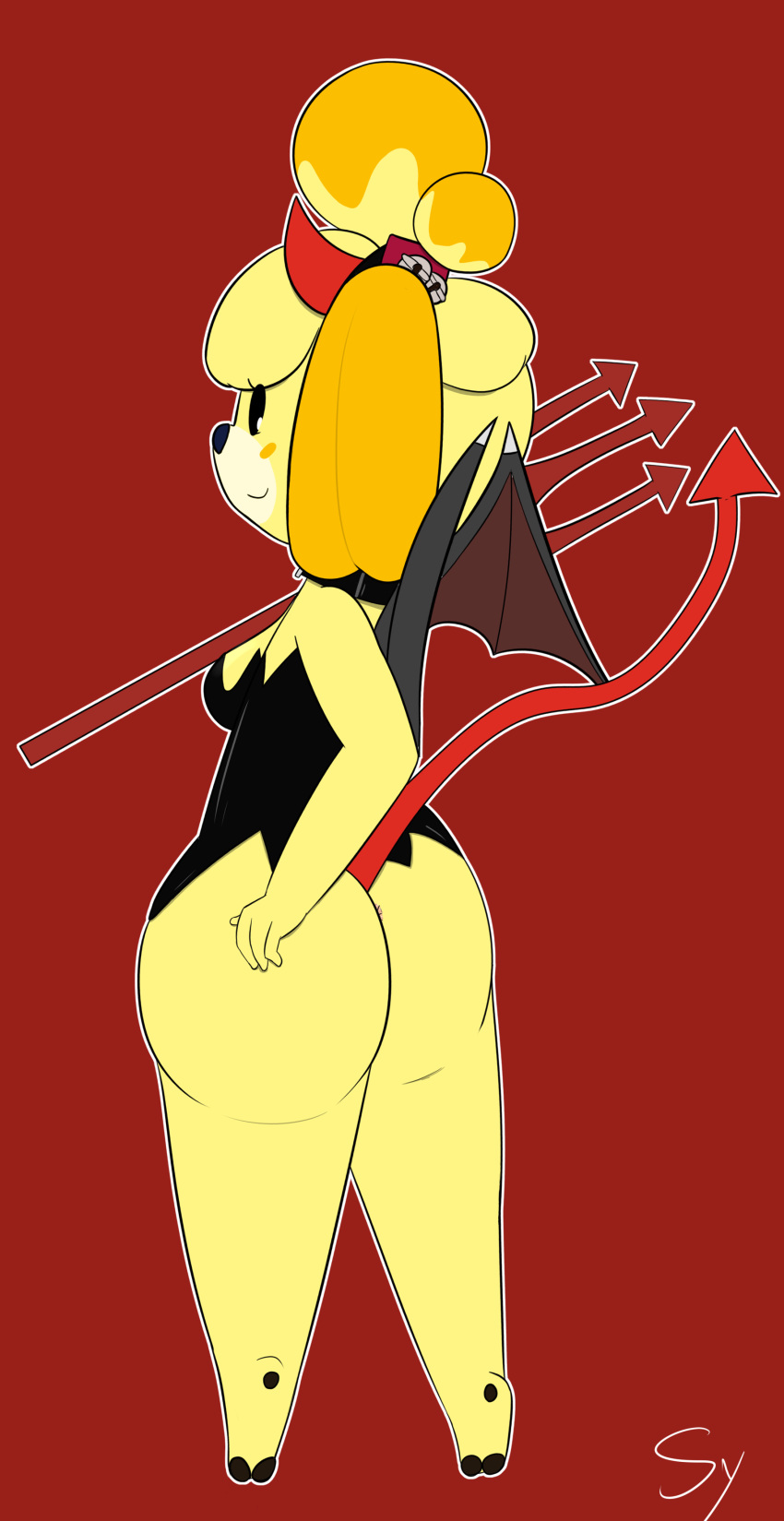 absurd_res animal_crossing anus breasts canid canine collar dress_up female hi_res horn invalid_tag isabelle mammal nintendo pitchfork sketchy_yvun sketchyyvun tools video_games wings