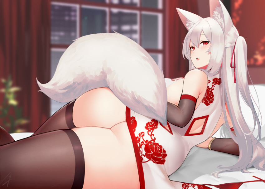 animal_humanoid arm_warmers armwear bed big_breasts big_butt breasts butt canid canid_humanoid canine canine_humanoid chinese_clothing chinese_dress clothed clothing curvaceous dress female fox_humanoid fur furniture hair hayabusa_(artist) hi_res humanoid inside legwear light_skin long_hair looking_at_viewer looking_back lying mammal mammal_humanoid on_bed on_side open_mouth pigtails rear_view red_eyes side_boob slit_pupils solo thick_thighs thigh_highs tight_clothing white_hair