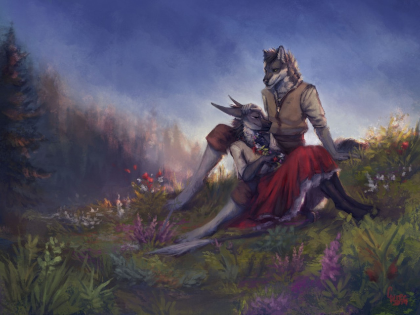 2019 4:3 anthro barefoot bottomwear canid canine canis clothed clothing day detailed detailed_background digital_media_(artwork) dragon dress duo eyes_closed female flower forest fur furred_dragon grass grey_body grey_fur gureeookami hand_on_head looking_at_another lying male mammal meadow nature outside pants plant romantic_couple sitting sky smile topwear tree vest wolf