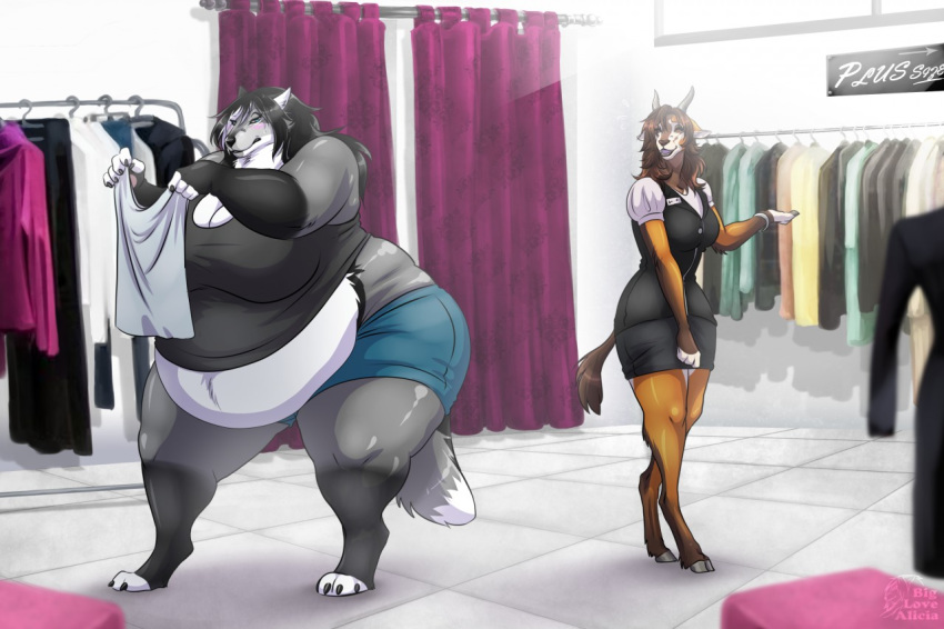 2017 alicia_(biglovealicia) antelope anthro belly big_belly big_breasts biglovealicia black_body black_fur black_hair black_lips black_nose blue_eyes blush bottomwear bovid breasts brown_hair canid canine canis clothed clothing curves digital_media_(artwork) duo english_text female fingers fur hair hooves huge_breasts hyper hyper_belly inside lips mammal obese obese_female open_mouth orange_body orange_fur overweight overweight_female size_difference skirt standing teeth text topwear weight_gain white_body white_fur wide_hips wolf