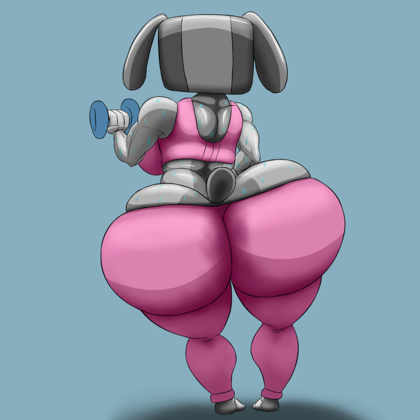 1:1 anthro big_breasts big_butt bodily_fluids breasts butt canid canine dumbbell exercise female hi_res huge_butt mammal muscular muscular_female nintendo nintendo_switch rear_view sweat switch_dog tracer_painter video_games weightlifting weights workout