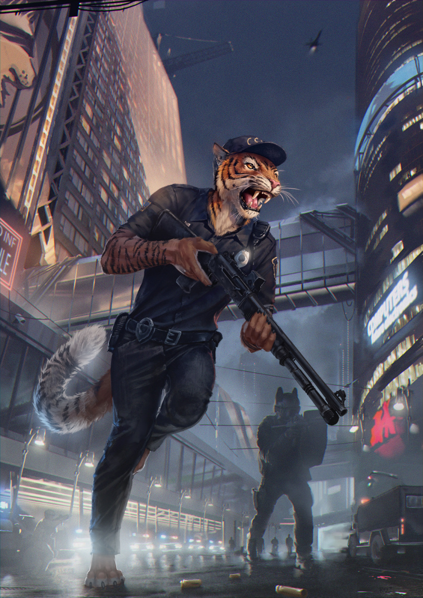 4_toes 5_fingers amber_eyes anthro black_lips black_stripes building city clothing conditional_dnp day detailed_background duo felid fingers fur gun hi_res latex_(artist) lips male mammal open_mouth orange_body orange_fur outside pantherine police_uniform ranged_weapon shotgun sky striped_body striped_fur stripes teeth tiger toes tongue uniform weapon