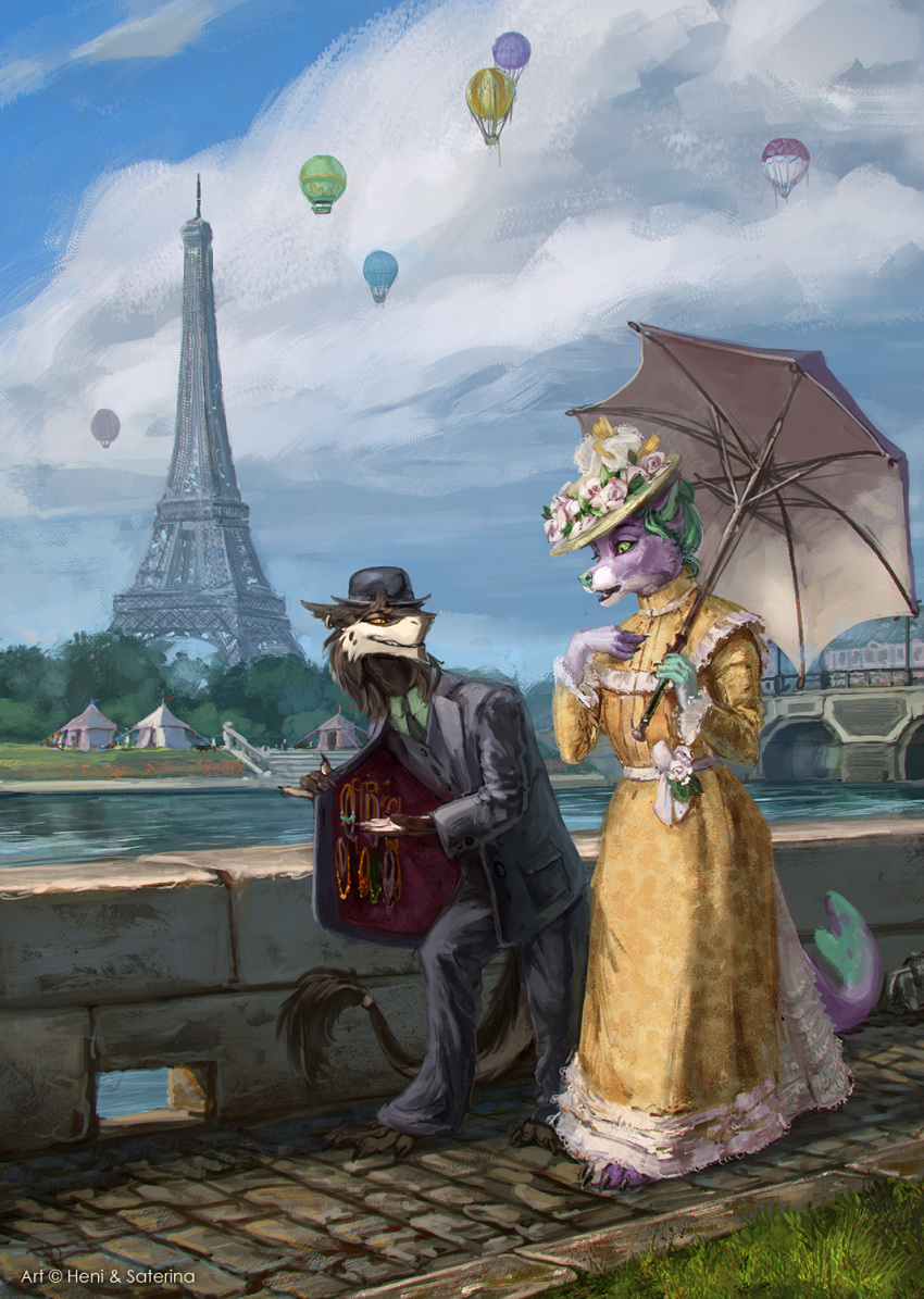 aircraft ambiguous_species anthro balloon bowler_hat claws clothed clothing cloud collaboration day dress duo ear_piercing eiffel_tower fangs female flower green_eyes hat headgear headwear heni hi_res holding_object hot_air_balloon jewelry looking_down male open_mouth parasol piercing plant river rose_(flower) saterina sergal sky smile stairs standing suit tent toe_claws yellow_eyes