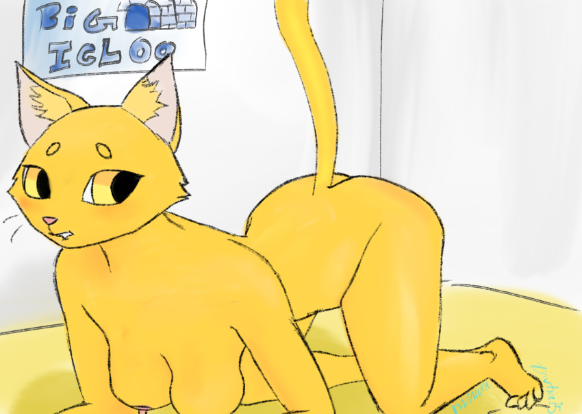 all_fours anthro breasts butt digital_media_(artwork) felid feline female fur hi_res mammal nude signature solo yellow_body yellow_fur zhutia15