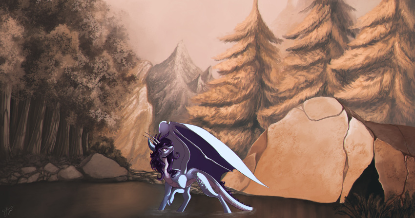 claws day detailed_background dragon forest hagallaz hair hi_res horn membrane_(anatomy) membranous_wings outside partially_submerged purple_hair scalie sky tree water western_dragon wings