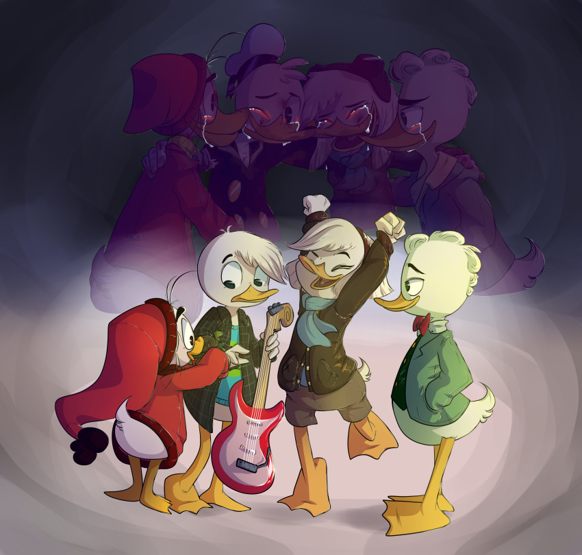 2019 absurd_res anatid anseriform avian beak bird bodily_fluids bottomwear clothing crying della_duck disney donald_duck duck ducktales ducktales_(2017) electric_guitar female fethry_duck gladstone_gander group guitar hand_in_pocket hat headgear headwear hey-erika hi_res holding_guitar holding_musical_instrument holding_object jacket male musical_instrument pockets raised_arm scarf shorts tears topwear yellow_beak