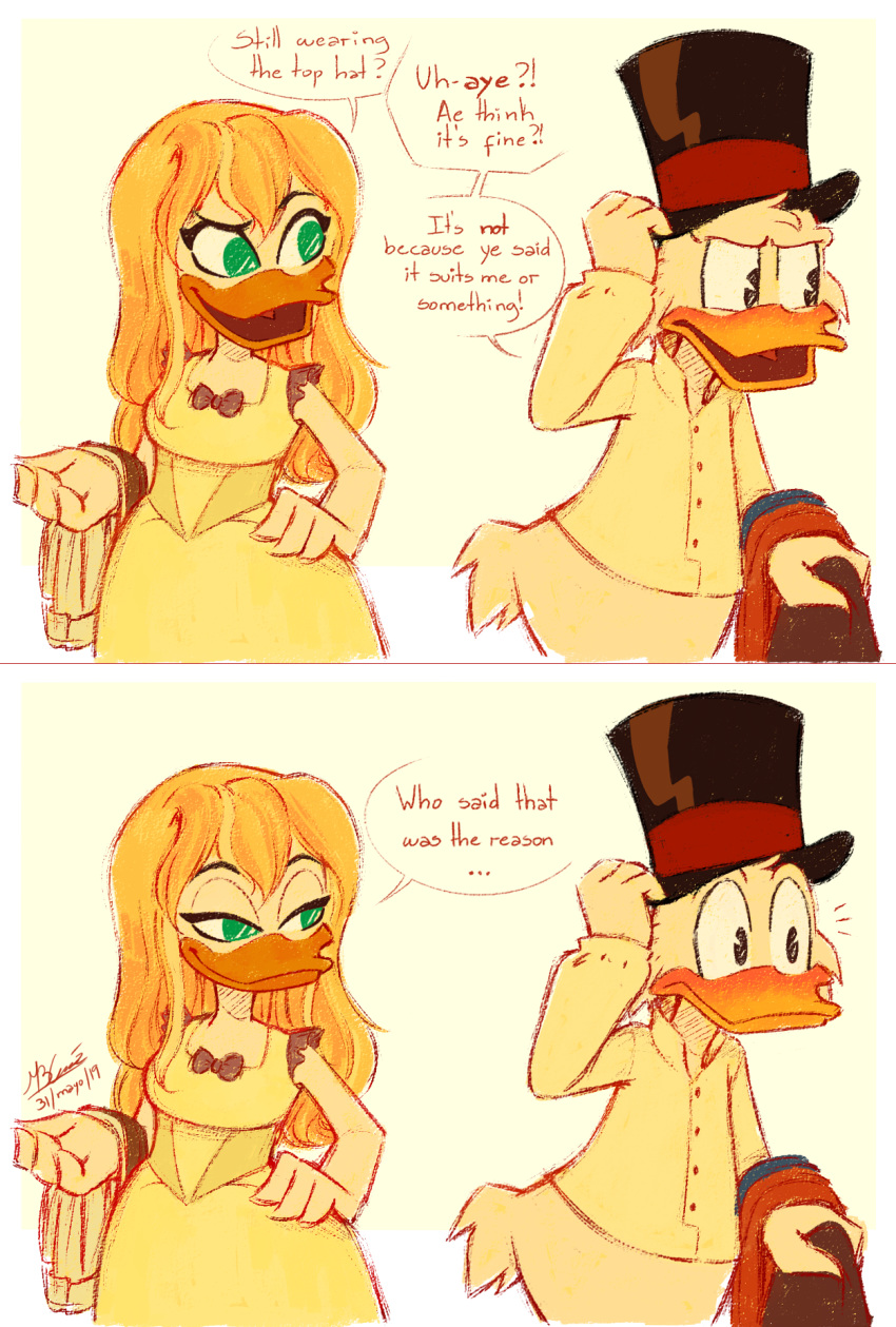 anatid anseriform avian bird clothing disney duck ducktales ducktales_(2017) glittering_goldie hat headgear headwear hi_res koizumi-marichan scrooge_mcduck top_hat