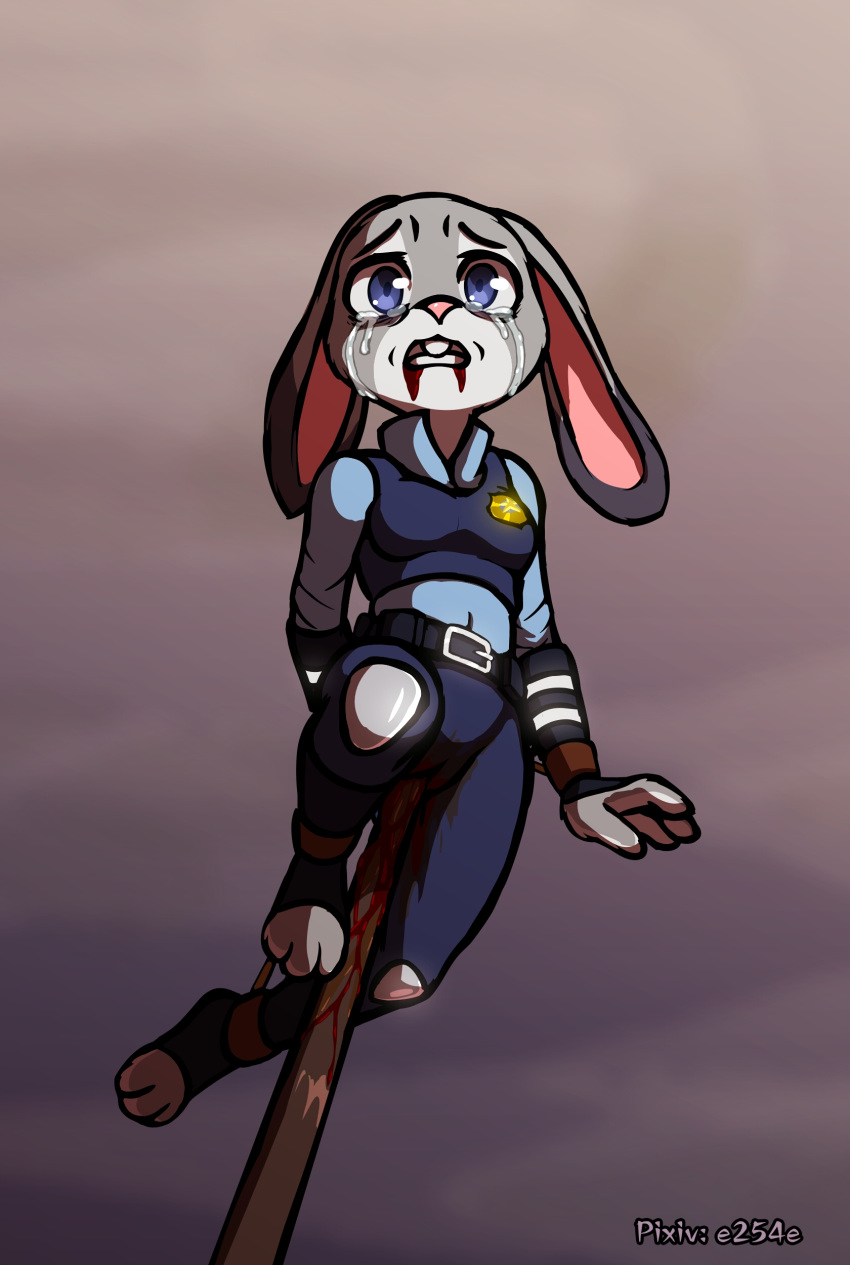 absurd_res anthro blood blood_from_mouth blue_eyes bodily_fluids breasts clothed clothing crying death disney e254e female fur gore hi_res impalement judy_hopps lagomorph leporid mammal police_uniform rabbit solo tears teeth toeless_legwear uniform zootopia