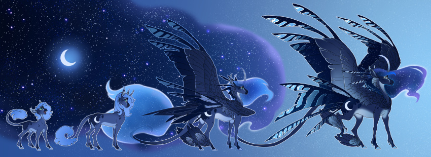 2019 absurd_res blue_body blue_feathers cosmic_hair cutie_mark detailed_background digital_media_(artwork) equid ethereal_hair feathered_wings feathers female feral friendship_is_magic hi_res hooves horn mammal moon my_little_pony princess_luna_(mlp) pseudo_hair sky solo star starry_sky turnipberry unicorn winged_unicorn wings