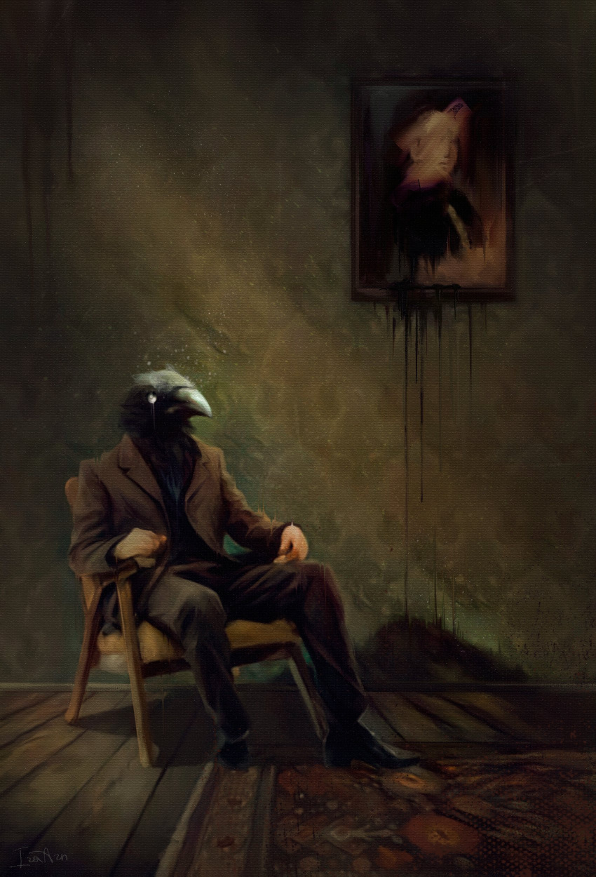 absurd_res animal_head avian beak bird chair clothed clothing corvid corvus_(genus) crow dripping footwear for_a_head furniture hi_res inside ira-arn male painting rug shadow shoes sitting suit surreal surrealism wood_floor