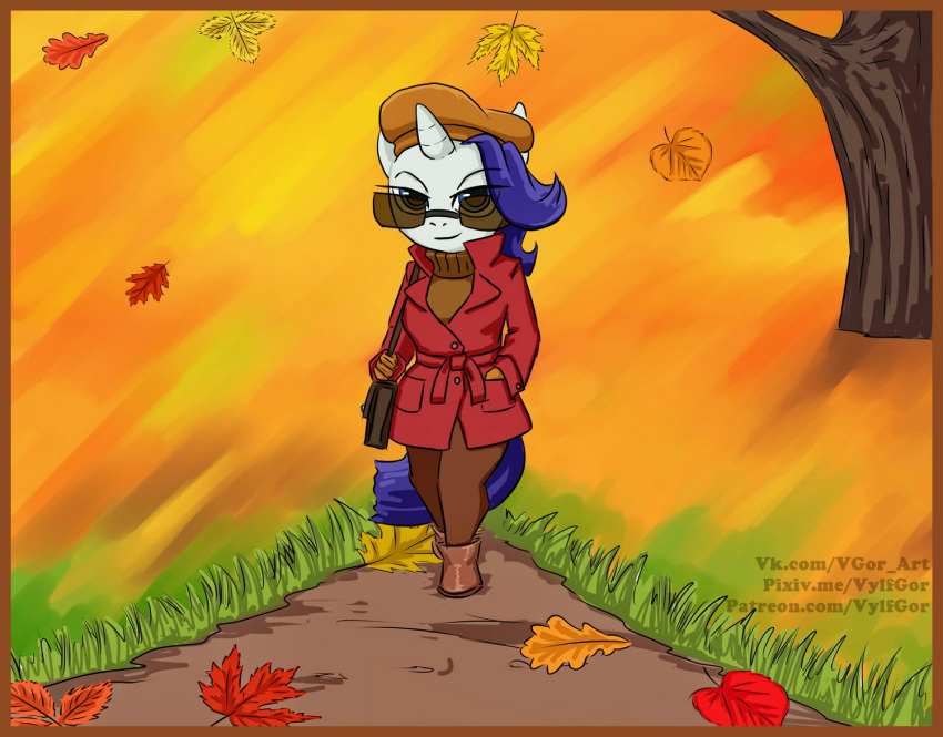 anthro anthrofied autumn beret clothed clothing coat day digital_media_(artwork) equid equine female friendship_is_magic full-length_portrait fur hair hat headgear headwear leaf long_hair looking_at_viewer mammal my_little_pony portrait rarity_(mlp) solo sweater topwear vylfgor