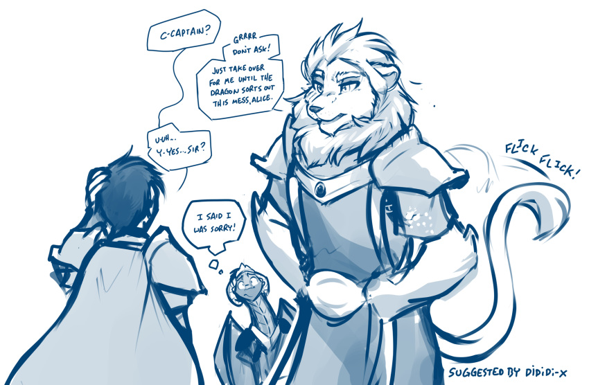 2019 alice_reed alternate_species annoyed anthro armor cape clothed clothing conditional_dnp crown dialogue dragon english_text felid female feral furrification group growling hand_on_head hands_on_hips hi_res horn human keidran keiren_(twokinds) lion madam_reni_(twokinds) male mammal membrane_(anatomy) membranous_wings monochrome pantherine pauldron scalie simple_background sketch sound_effects tail_flick text thought_bubble tiara tom_fischbach twokinds webcomic western_dragon white_background wings
