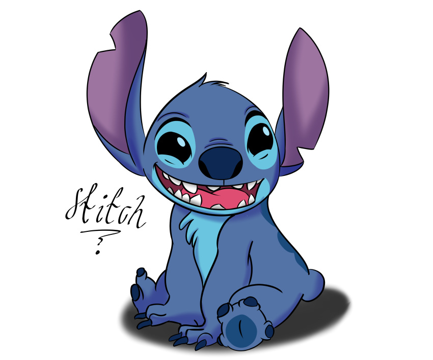 4_toes 6:5 absurd_res alien back_markings black_eyes blue_body blue_claws blue_fur blue_nose blue_pawpads character_name chest_tuft claws digital_drawing_(artwork) digital_media_(artwork) disney experiment_(lilo_and_stitch) fur head_tuft hi_res lilo_and_stitch llaisenll markings notched_ear open_mouth open_smile pawpads simple_background sitting small_tail smile solo stitch_(lilo_and_stitch) toes tuft white_background