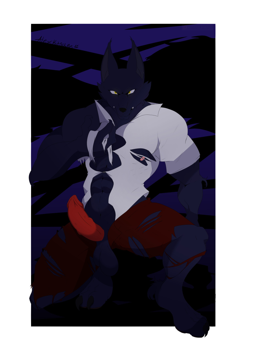 absurd_res alex_kitsune anthro balls canid canine canis cel_shading clothed clothing erection halloween_2019 hi_res looking_at_viewer male mammal muscular muscular_male partially_clothed penis simple_background solo were werecanid werecanine werewolf wolf