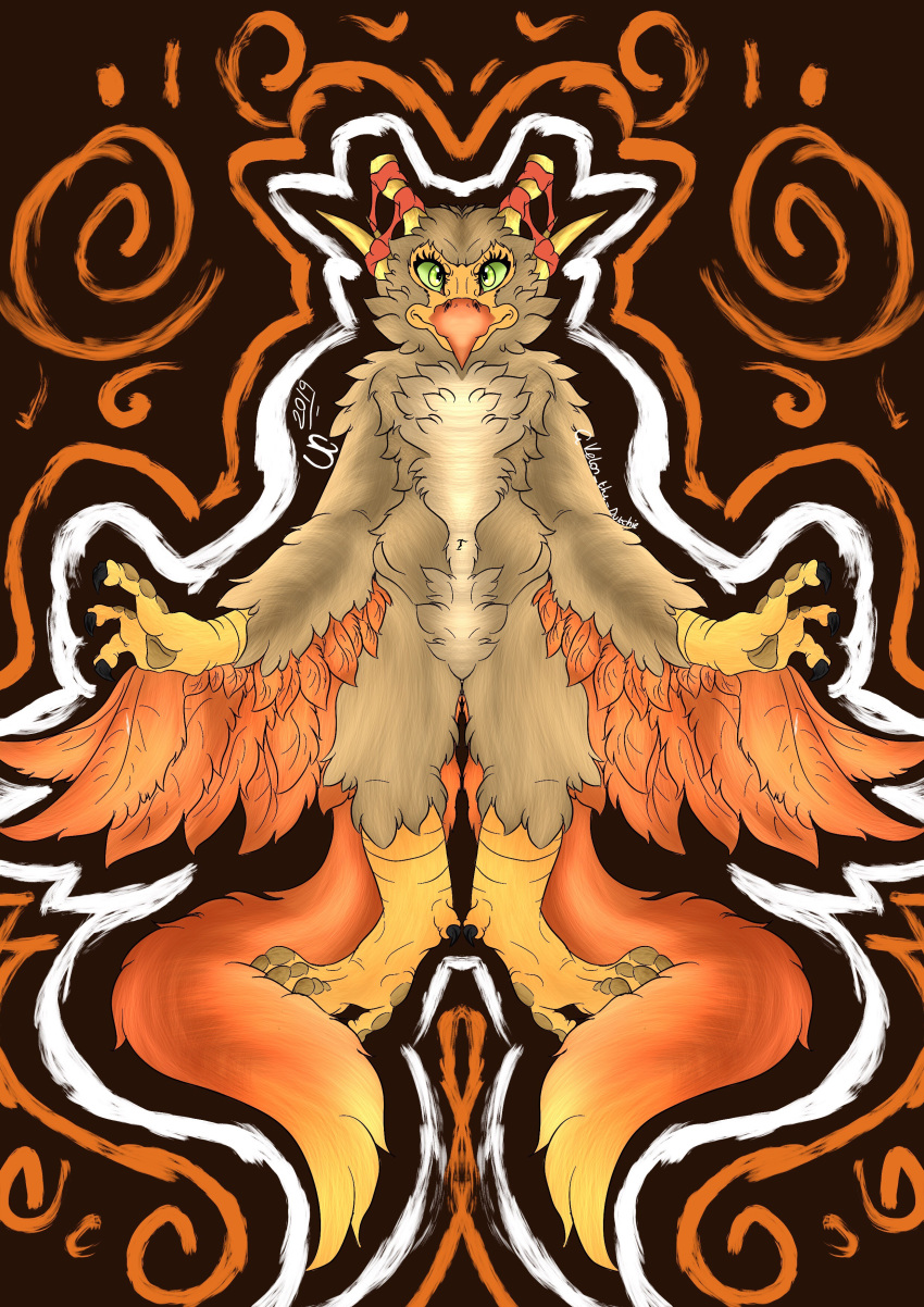 2019 2_tails 3_fingers 4_toes absurd_res anthro anthrofied antlers avian beak big_blue_bubble bird bird_feet brown_body brown_feathers claws dipstick_beak eyelashes feather_tuft feathers featureless_crotch female fingers font_view front_view full-length_portrait green_eyes green_sclera hi_res horn long_tail looking_at_viewer multi_tail multicolored_body multicolored_feathers my_singing_monsters navel nude orange_beak orange_body orange_feathers orange_tail orange_theme orange_wings outline portrait rare_monster_(my_singing_monsters) rare_tweedle scutes smile solo standing tail_feathers talons toe_claws toes tuft two_tone_beak two_tone_body two_tone_feathers unknowncreatue video_games warm_colors wings yellow_beak