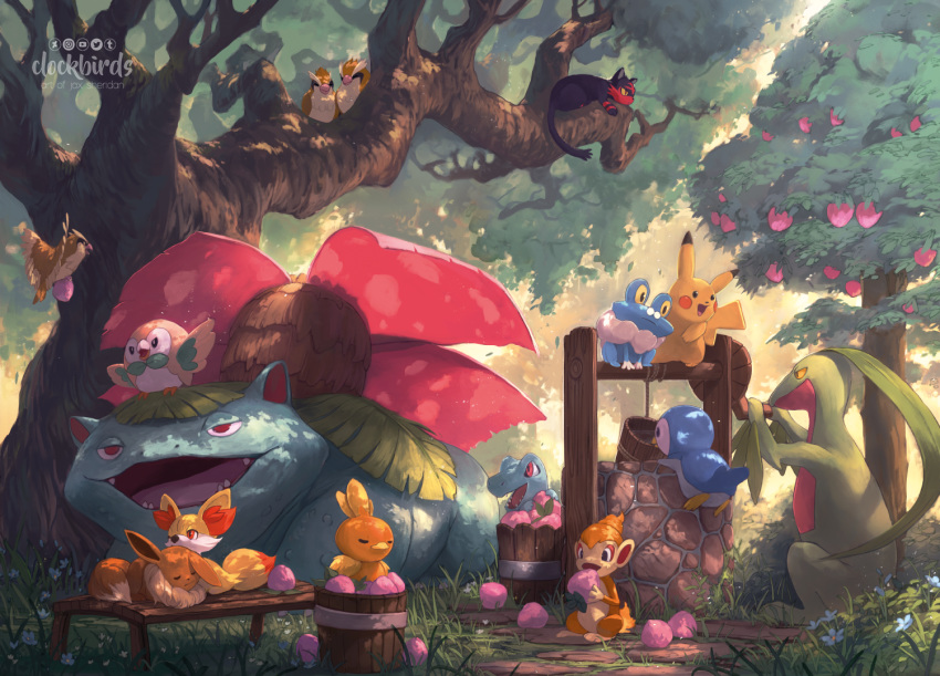 2019 ambiguous_gender amphibian anthro avian berry bird bucket canid chimchar clockbirds cuddling day detailed_background digital_media_(artwork) eevee felid fennekin feral flora_fauna flying food forest froakie fruit grass group grovyle holding_food holding_object in_tree large_group leaf litten mammal nature nintendo open_mouth outside pidgey pikachu piplup plant pok&eacute;mon pok&eacute;mon_(species) primate reptile rowlet scalie size_difference teeth tongue torchic totodile tree venusaur video_games