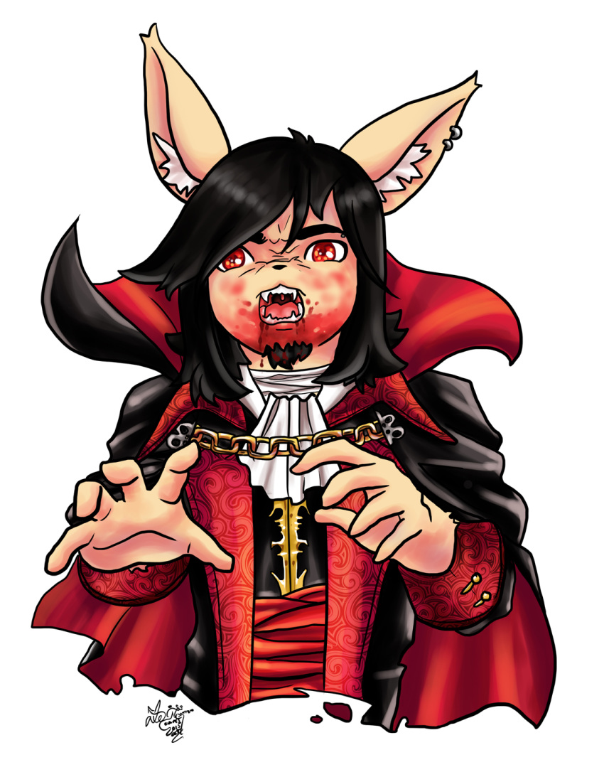 2015 beard black_hair black_nose blood bodily_fluids cape castlevania clothing coat cosplay dracula ear_piercing ear_ring facial_hair fangs hair halloween hi_res holidays inner_ear_fluff james_flynn konami lagomorph leporid long_ears mammal pichigani piercing rabbit red_eyes simple_background solo vampire video_games waist_up white_background