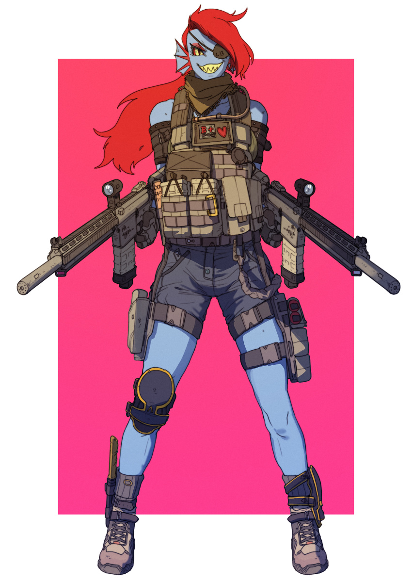 &lt;3 2016 abstract_background animal_humanoid ar-15_style_gun assault_rifle bag bandanna bangs bare_shoulders blue_body blue_skin boots bottomwear clothed clothing collarbone combat_boots digital_media_(artwork) dual_wielding ear_fins ear_frill eye_patch eyelashes eyeshadow eyewear fangs female fin fish fish_humanoid footwear frill_(anatomy) front_view full-length_portrait grin gun hair handkerchief hi_res holding_gun holding_object holding_weapon humanoid knee_pads knife long_hair looking_at_viewer m16 makeup marine marine_humanoid military neckerchief noseless pgm300 portrait ranged_weapon red_eyes red_eyeshadow red_hair rifle schewiener sharp_teeth shemagh shorts simple_background slit_pupils smile soldier solo standing teeth undertale undyne video_games warrior weapon yellow_eyes yellow_teeth