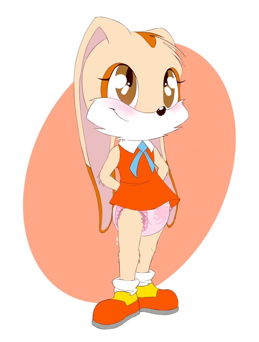 big_ears blush clothing cream_the_rabbit cub diaper dress female footwear furrychrome hands_behind_back hi_res lagomorph legwear leporid mammal rabbit shoes smile socks solo sonic_(series) standing young