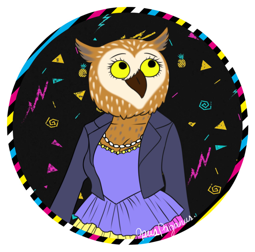 80's_theme abstract_background alpha_channel anthro avian biped bird bojack_horseman breasts brown_body brown_feathers cleavage clothed clothing dress feathers female fully_clothed half-length_portrait jacket jewelry necklace non-mammal_breasts opuspaganus owl portrait signature solo topwear wanda_pierce