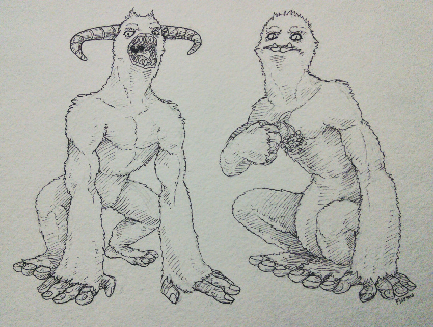 2015 3_toes 5_fingers big_blue_bubble branch collarbone curved_horn duo fangs feral fingernails fingers frown full-length_portrait fur gaping_mouth grey_background greyscale hatching_(art) hi_res holding_object horn lips looking_at_viewer male mammal mammott monochrome muscular muscular_feral muscular_male my_singing_monsters nails open_frown open_mouth pecs pen_(artwork) plant plantigrade plazmodon portrait primate quadruped rare_mammott rare_monster_(my_singing_monsters) roaring semi-anthro shadow sharp_teeth simple_background sitting slit_pupils standing teeth toenails toes tongue traditional_media_(artwork) underbite uvula video_games yeti