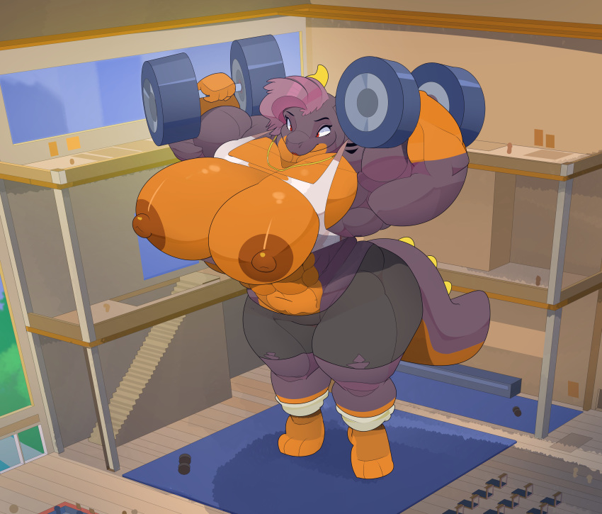 2019 5_fingers absurd_res anthro big_breasts bottomwear breasts claws clothed clothing commoddity digital_media_(artwork) dumbbell exercise female fingers hair hi_res huge_breasts hyper hyper_breasts macro mammal muscular muscular_female neila_(commoddity) nipples reptile scalie size_difference solo thick_thighs topwear weightlifting weights wide_hips workout