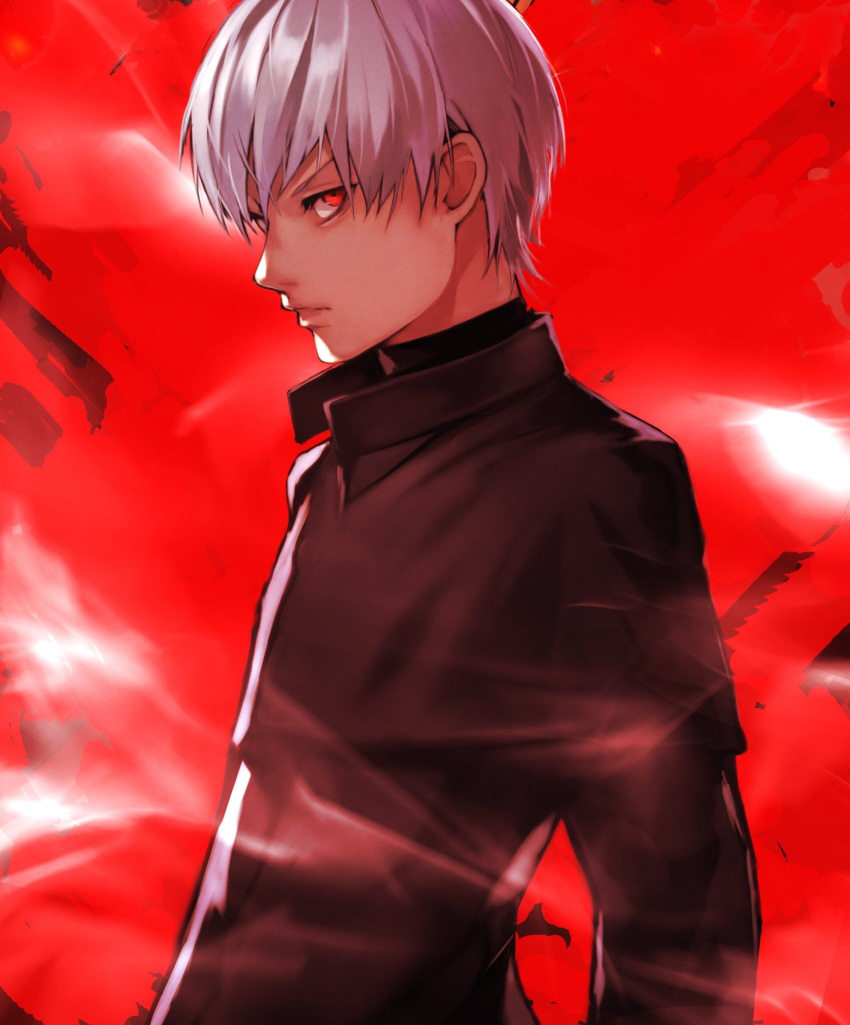 1boy 55level angry bangs black_jacket closed_mouth commentary_request from_side hair_between_eyes highres jacket kaneki_ken long_sleeves looking_at_viewer looking_to_the_side male_focus open_eyes out_of_frame red_background red_eyes short_hair simple_background solo tokyo_ghoul upper_body white_hair