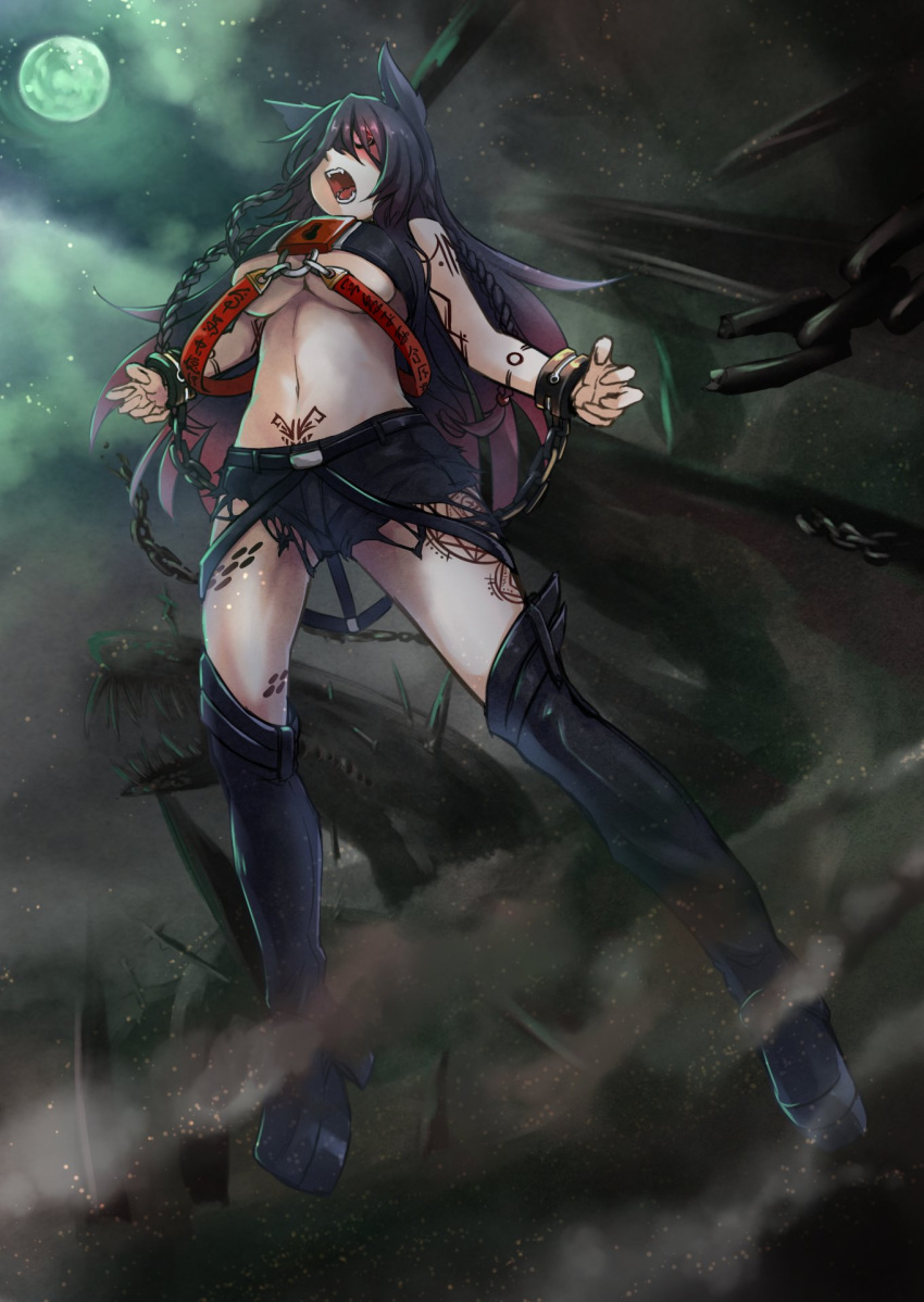 1girl animal_ears arm_tattoo belt black_belt black_bra black_footwear black_hair black_shorts boots bra breasts chain chained chained_wrists chains fangs floating full_moon hair_over_eyes highres image_sample knee_boots large_breasts leg_tattoo long_hair moon navel night night_sky open_mouth original outdoors sakura_inu shorts sky suspenders tagme tattoo torn_clothes twitter_sample underboob underwear wolf_ears