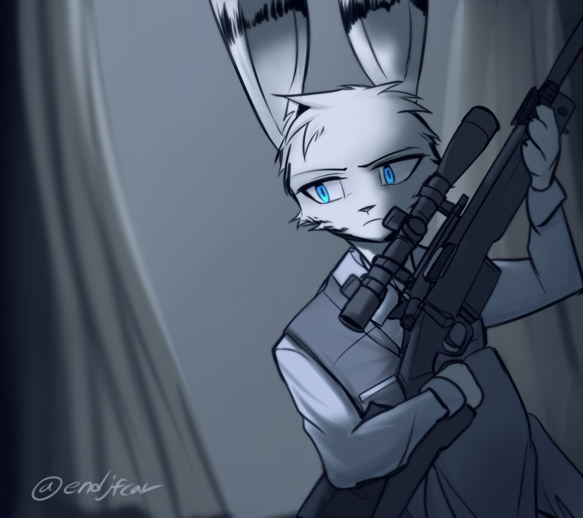 absurd_res blue_eyes clothed clothing disney facial_markings front_view fur greyscale gun head_markings head_tuft hi_res holding_gun holding_object holding_weapon hunglee jack_savage lagomorph leporid light male mammal markings monochrome rabbit ranged_weapon rifle sniper_rifle solo suit weapon white_body white_fur zootopia