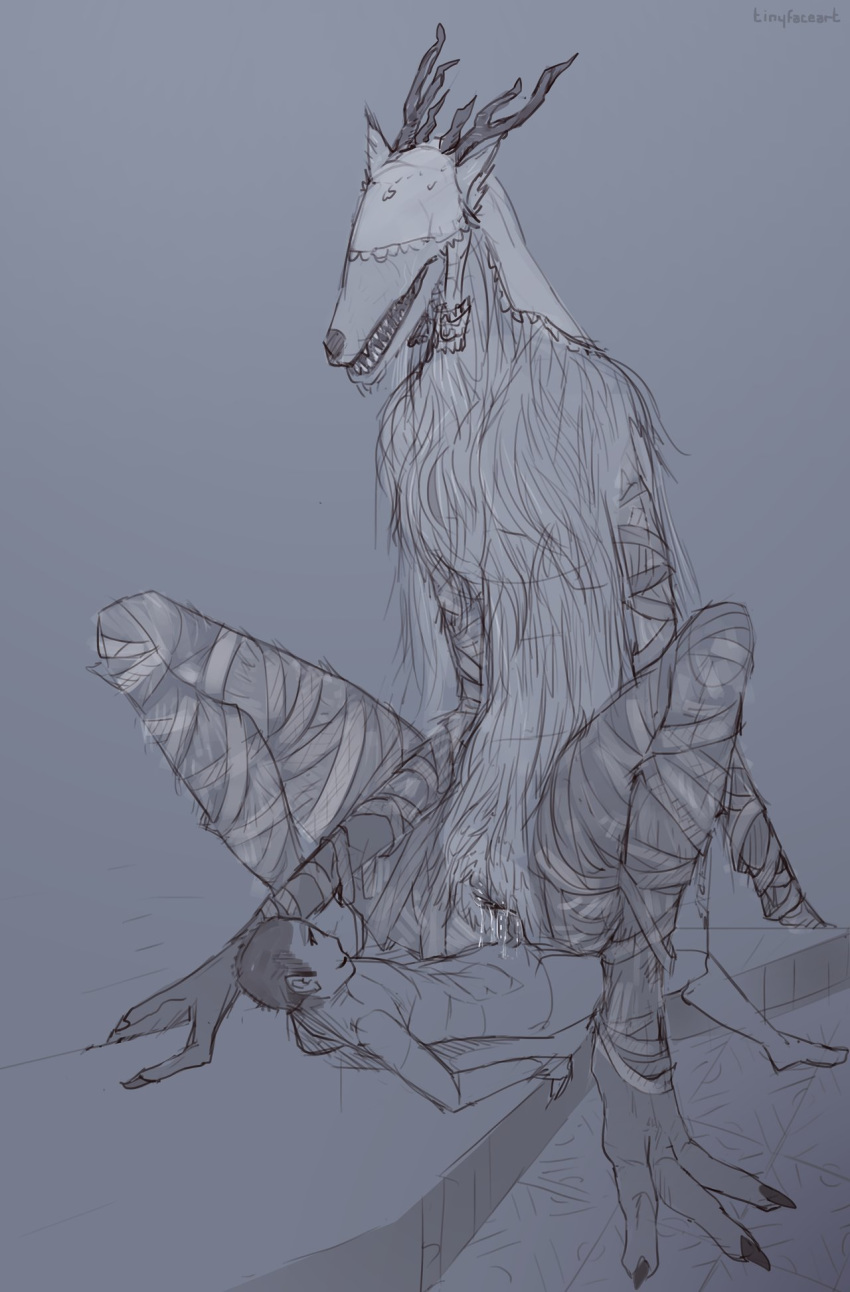 anthro antlers bandage beast_(bloodborne) blindfold bloodborne bodily_fluids bottomless cervid claws clothed clothing cowgirl_position duo erection female female_on_top fromsoftware fur genital_fluids grey_background hi_res horn human human_on_anthro interspecies larger_female lying male male/female male_on_anthro male_penetrating mammal monochrome monster on_back on_top penetration penis pussy pussy_juice sex sharp_teeth simple_background size_difference smaller_male sony_corporation sony_interactive_entertainment teeth the_hunter_(bloodborne) tinyfaceart vaginal vaginal_penetration vicar_amelia video_games white_body white_fur