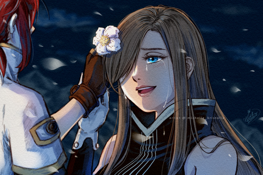 1boy 1girl bangs bare_shoulders blue_eyes brown_gloves brown_hair detached_sleeves dress eyelashes falling_petals flower gloves hair_flower hair_ornament hair_over_one_eye hand_on_another's_hand happy happy_tears high_collar highres holding holding_flower jacket lips long_hair looking_at_another luke_fon_fabre michelle_kristolia night night_sky open_mouth petals red_hair short_hair sidelocks sky sleeveless sleeveless_dress smile tales_of_(series) tales_of_the_abyss tear_grants tears white_flower white_gloves white_jacket
