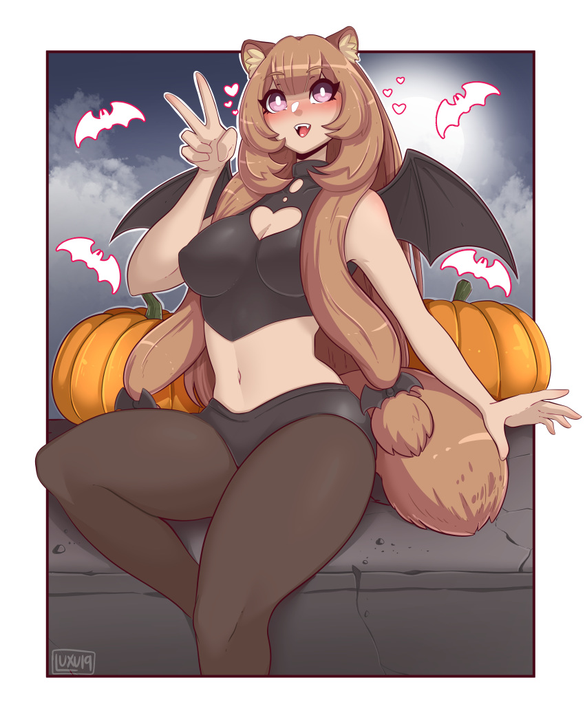 &lt;3 2019 5_fingers absurd_res accessory animal_humanoid big_breasts blush border breasts brown_body brown_fur brown_hair canid canid_humanoid canine canine_humanoid cleavage_cutout clothed clothing cloud costume digital_media_(artwork) fangs female fingers food fruit fur gesture hair hair_accessory halloween hi_res holidays humanoid inner_ear_fluff legwear long_hair luxurias mammal mammal_humanoid midriff moon navel night nipple_outline open_mouth pink_eyes plant pumpkin raphtalia_(the_rising_of_the_shield_hero) simple_background sitting sky smile solo stockings tanuki_humanoid the_rising_of_the_shield_hero thick_thighs tongue v_sign white_border