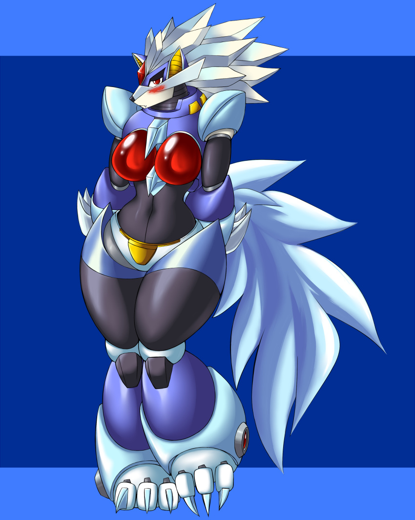 absurd_res anthro armor blizzard_wolfang blue_background blush breasts canid canine canis capcom claws crossgender curvaceous female forehead_gem hair hands_behind_back hi_res kyelyn_(artist) machine mammal mega_man_(series) megaman_x midriff navel red_eyes reploid robot shy simple_background solo video_games white_hair wide_hips wolf