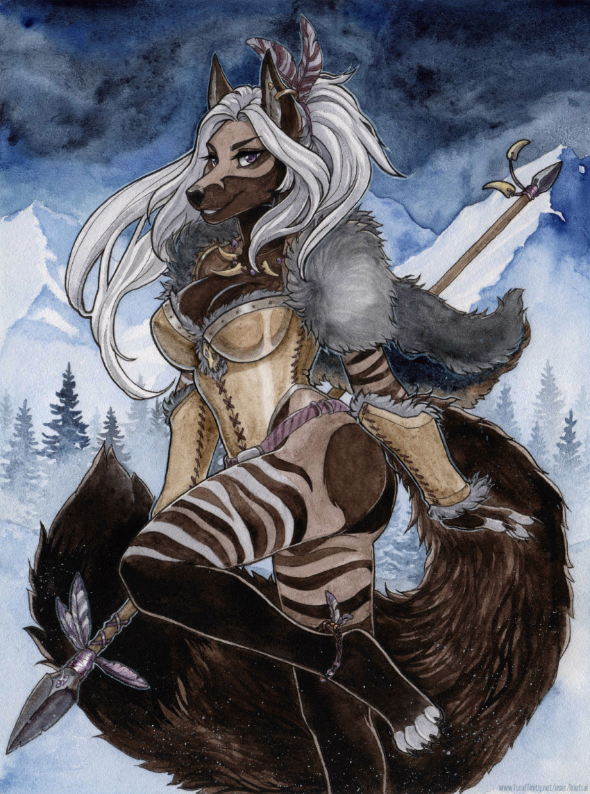 anklet anthro belt bone breasts canid canine canis claws clothed clothing corset ear_piercing feathers female forest fur hair hi_res holding_object holding_spear jewelry lingerie lirietrai long_hair looking_at_viewer mammal melee_weapon mountain necklace outside piercing polearm purple_eyes raised_leg skull smile snow solo spear standing striped_body striped_fur stripes toe_claws tree weapon white_hair winter wolf