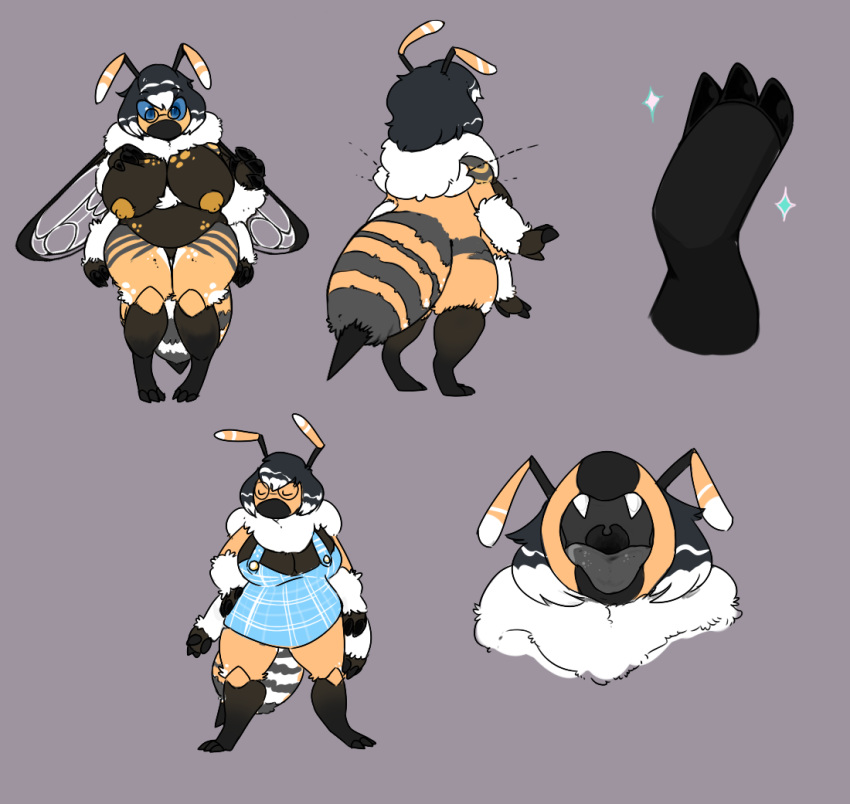 anthro arthropod arthropod_abdomen bee big_breasts breasts clothed clothing dic_(artist) eyewear female glasses grey_background huge_breasts hymenopteran insect insect_wings model_sheet multi_arm multi_limb nipples nude open_mouth simple_background solo sylvia_honeydew wings