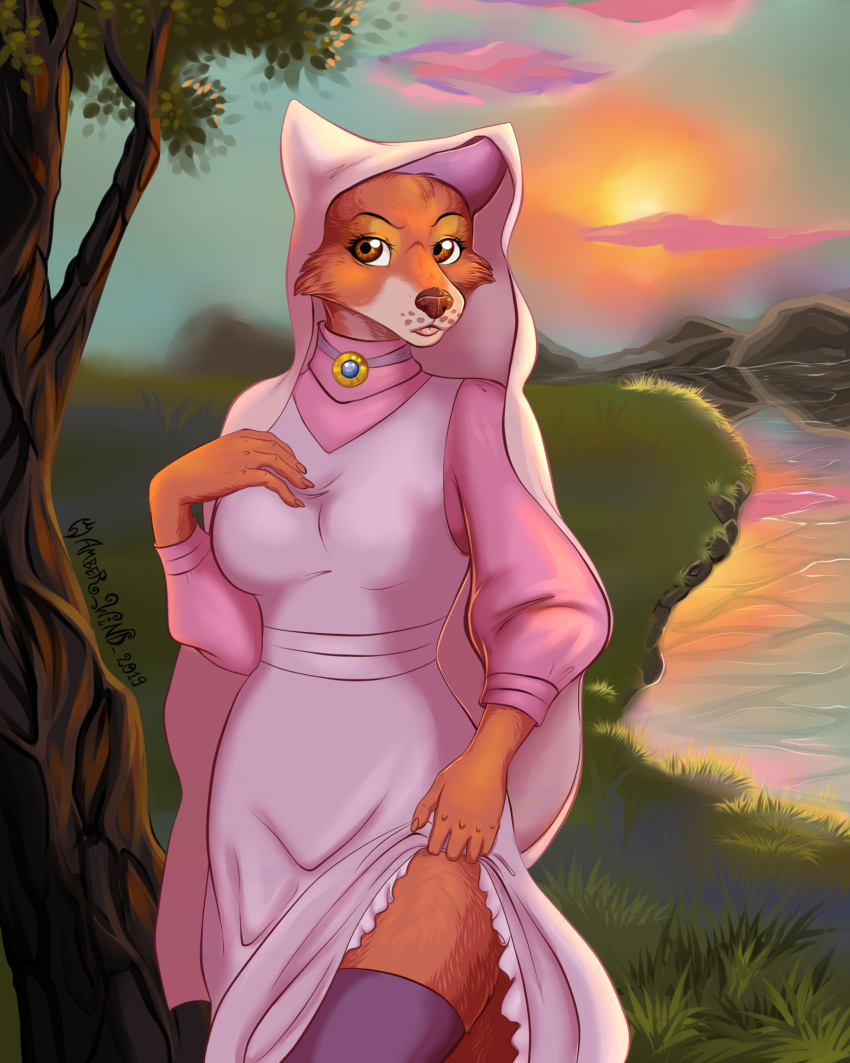 2019 amber_wind canid canine clothed clothing digital_media_(artwork) disney dress female forest fox hi_res jewelry legwear maid_marian mammal river robin_hood_(disney) solo standing stockings sunset tree