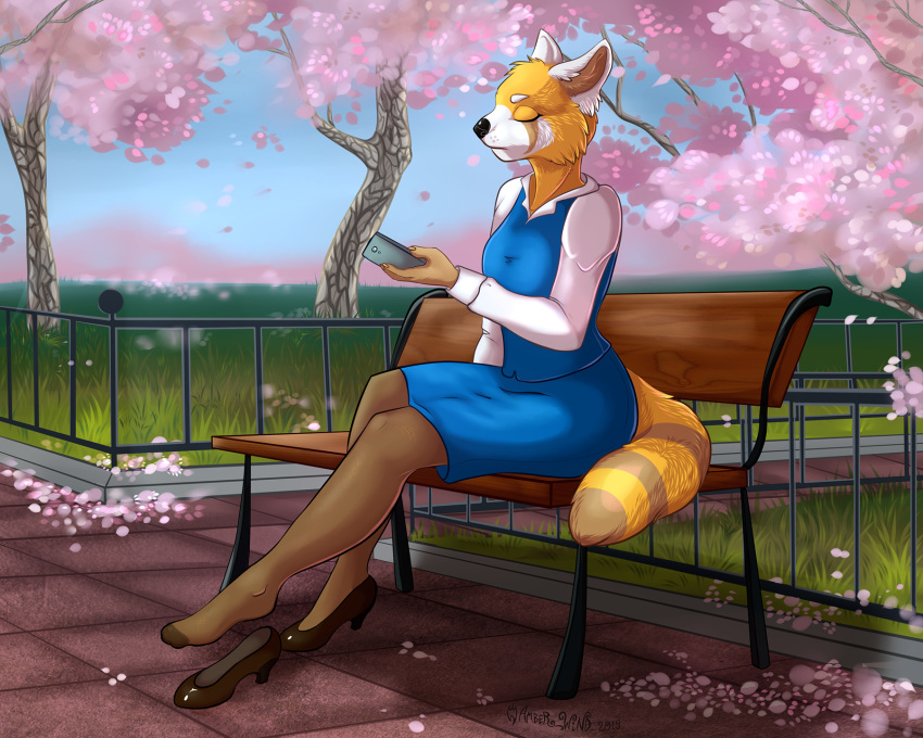 2019 5:4 aggressive_retsuko ailurid amber_wind bottomwear clothed clothing digital_media_(artwork) female flower hi_res legwear mammal park plant red_panda retsuko sad sakura sanrio sitting skirt solo stockings striped_tail stripes