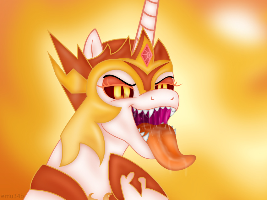 4:3 absurd_res armor bodily_fluids bust_portrait crown daybreaker_(mlp) emu34b equid equine fangs female friendship_is_magic headgear helmet hi_res hooves horn mammal mouth_shot my_little_pony portrait purple_eyes saliva sharp_teeth simple_background slit_pupils solo teeth tongue tongue_out unicorn vector wings