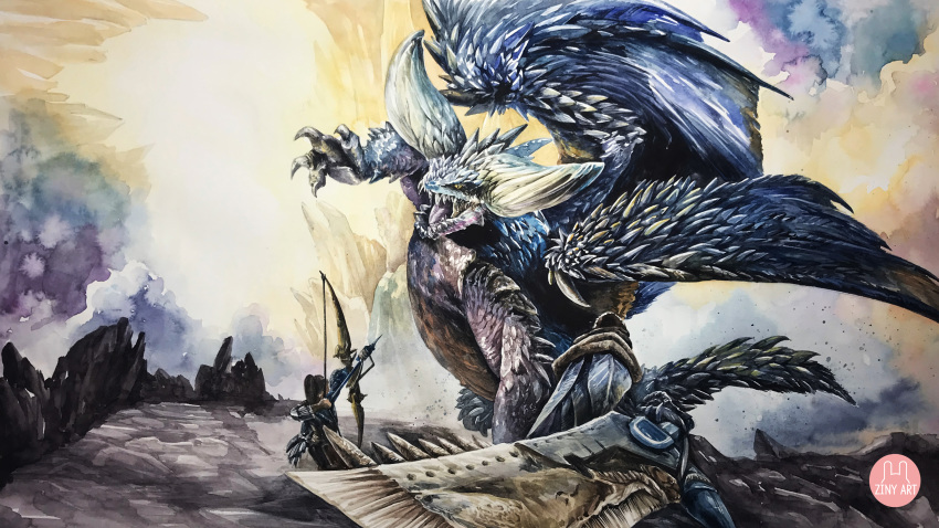 16:9 4_toes 4k absurd_res capcom elder_dragon feral group hi_res holding_bow holding_object holding_sword holding_weapon human mammal melee_weapon membrane_(anatomy) membranous_wings monster_hunter nergigante open_mouth scales sword teeth toes tongue video_games weapon wings zinyart