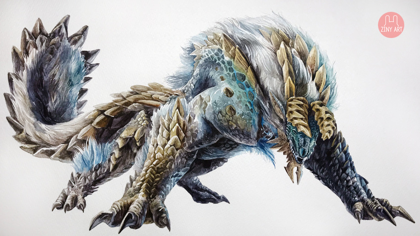 16:9 2019 3_fingers 3_toes ambiguous_gender capcom fanged_wyvern feral fingers monster_hunter scales solo toes traditional_media_(artwork) video_games zinogre zinyart