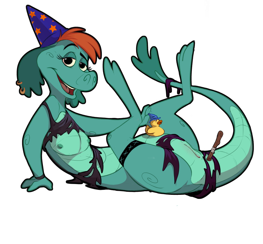 absurd_res anal anal_masturbation anal_penetration anthro breasts brown_hair clothing disney ear_piercing female flat_chested green_body green_scales hair halloween hat headgear headwear hi_res holidays improvised_sex_toy loch_ness_monster looking_at_viewer magic_user magic_wand mammal masturbation nessie nipples open_mouth penetration piercing pussy rubber_duck scales scalie simple_background solo teeth the_ballad_of_nessie tongue torinsangel torn_clothing white_background witch