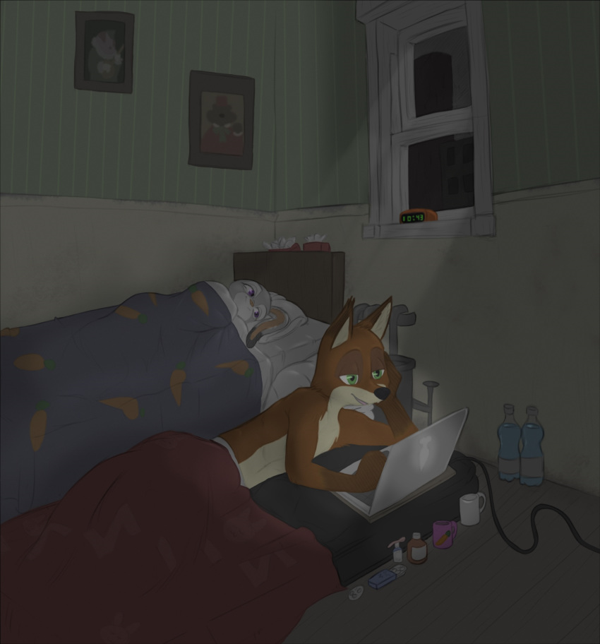 alarm_clock anothercolouranon anthro bed bedding bedroom blanket canid canine ciwi clock clothed clothing coffee_mug colored computer detailed_background dipstick_ears disney female fox fur furniture green_eyes grey_body grey_fur hi_res inside judy_hopps lagomorph laptop leporid light lying male mammal multicolored_ears nick_wilde on_bed on_side orange_body orange_fur purple_eyes rabbit red_fox tissues topless under_covers water_bottle window zootopia